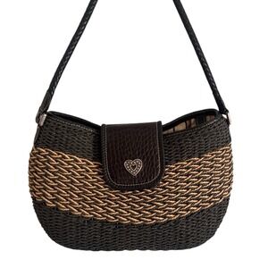 Brighton Black/Tan Straw and Black Leather Shoulder Bag Purse